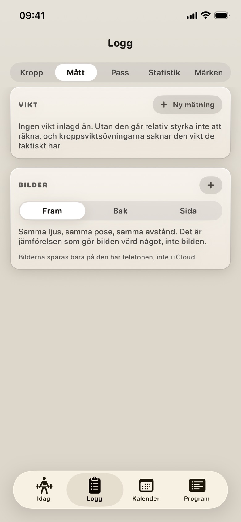 Sidan Mått, där det står att bilderna bara sparas på telefonen